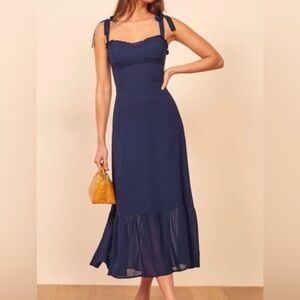 Reformation Navy Blue Tie Strap Smocked Back Midi Dress Size 2